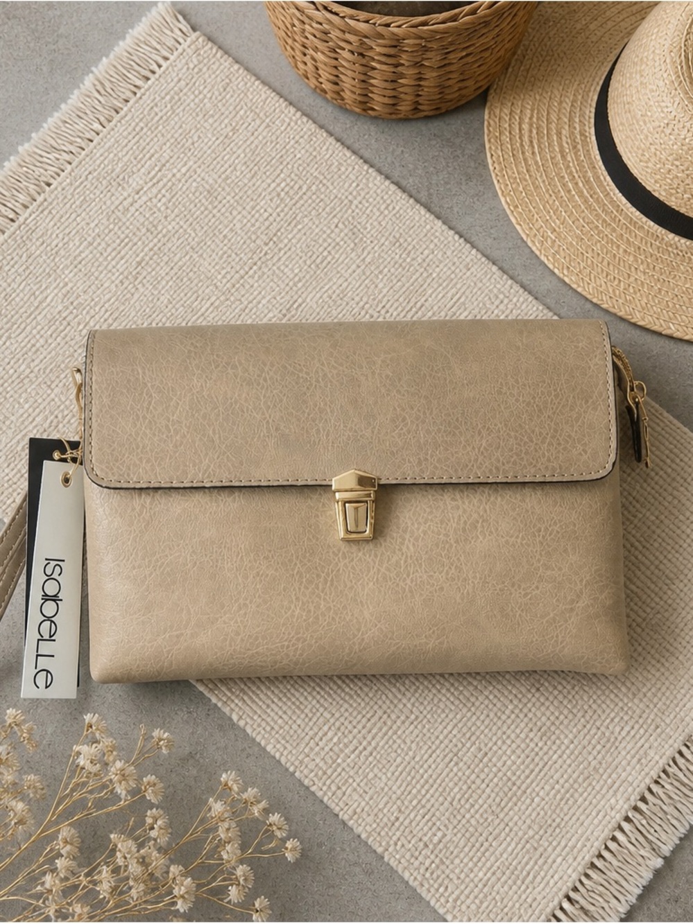 Isabelle Beige Crossbody Clutch with Gold Lock
